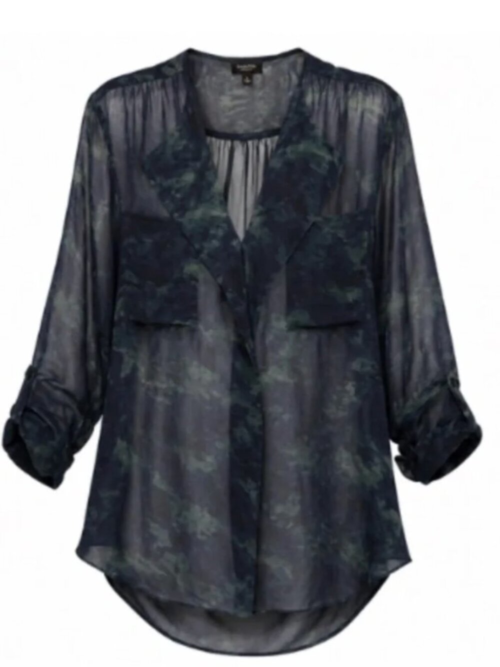 Aritzia Babaton 100% Silk Abstract Print Blouse | Green, blue and plum pattern